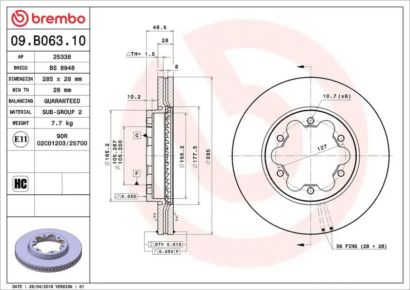 09.B063.10 Диск тормозной передний 285mm