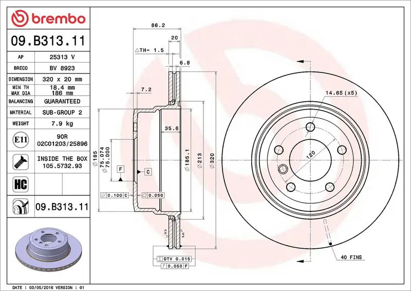 Brembo 09B31311 Диск тормозной задний BMW E60