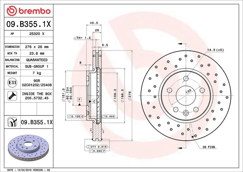 Brembo 09B3551X ДИСК ТОРМОЗНОЙ OPEL ASTRA J