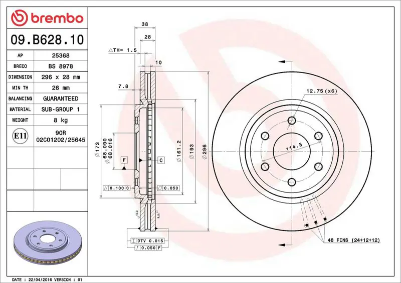 09.B628.10 Диск тормозной передн, NISSAN