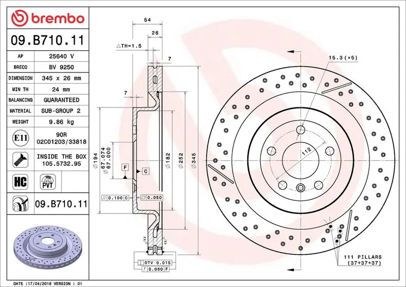 Brembo 09B71011 Диск тормозной 09.B710.11