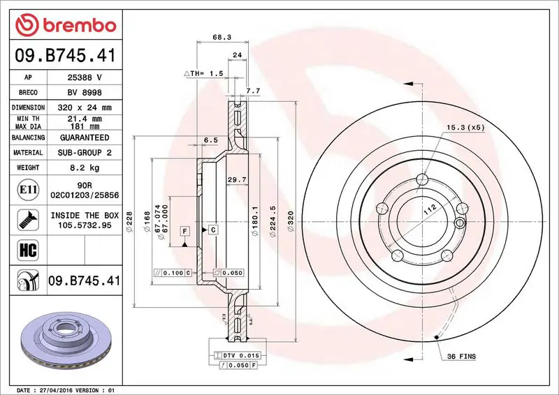 Brembo 09B74541 Диск тормозной задн,