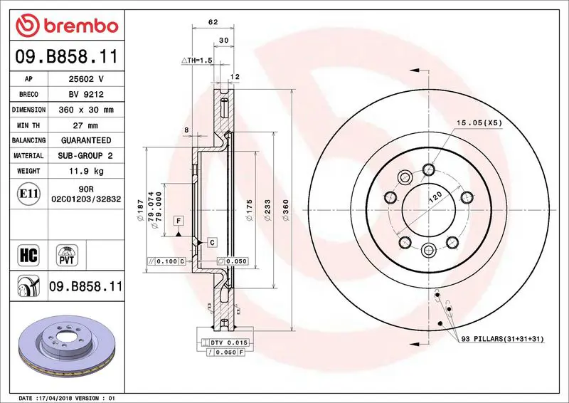 Brembo 09B85811 Диск тормозной передний RANGE