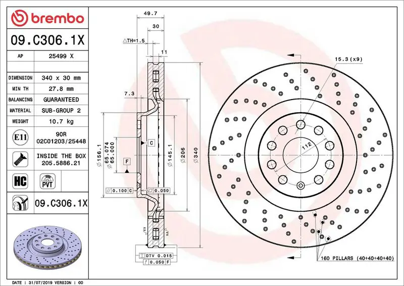 Brembo 09C3061X Диск тормозной Brembo передний