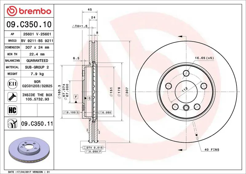Brembo 09C35011 Диск тормозной BMW X1 (F48)