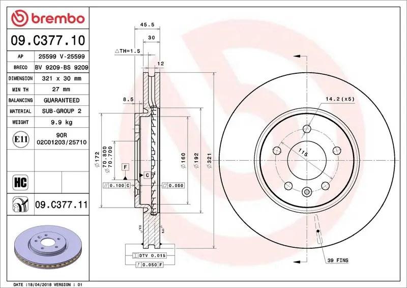 Brembo 09C37711 Диск тормозной передний