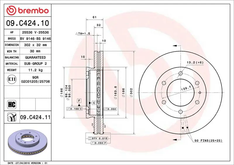 Brembo 09C42411 ДИСК ТОРМОЗНОЙ FORD RANGER