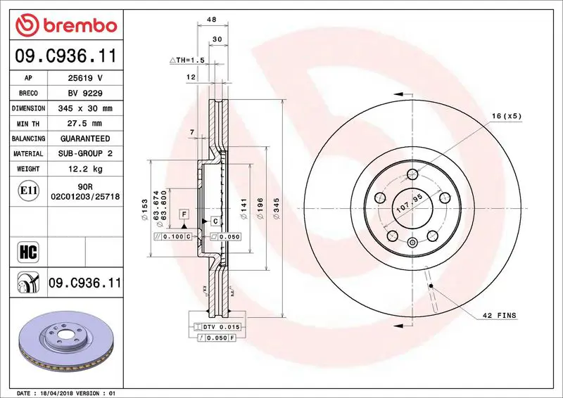 Brembo 09C93611 Диск тормозной VOLVO XC60 II