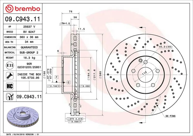 Brembo 09C94311 Диск тормозной передн