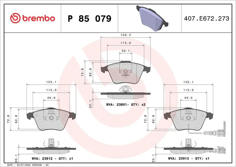 Brembo P85079 КОЛОДКИ ТОРМОЗНЫЕ ДИСКОВЫЕ VW