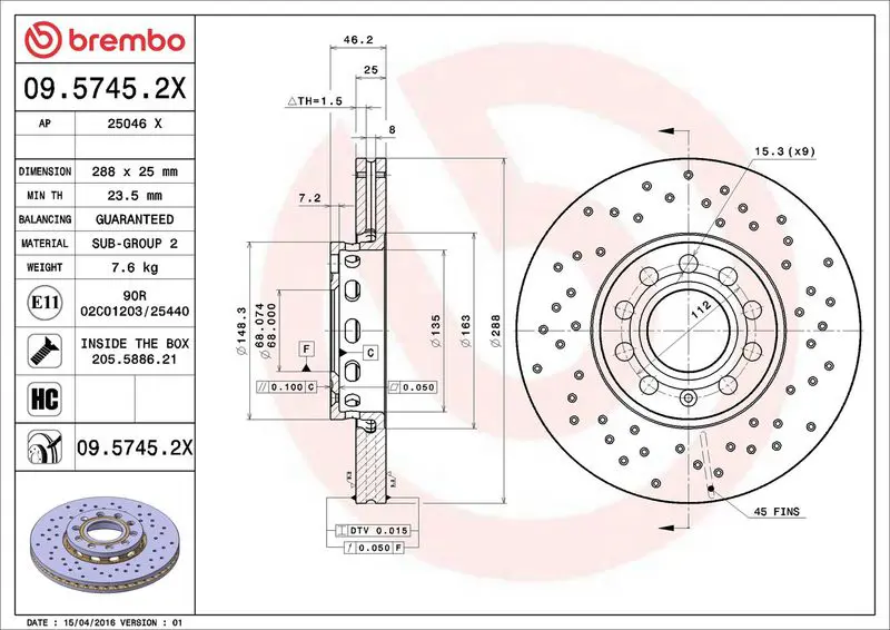 BREMBO 0957452X Диск тормозной