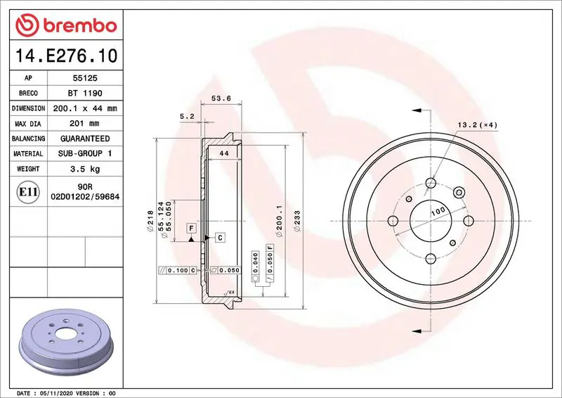 BREMBO 14E27610 Тормозной барабан