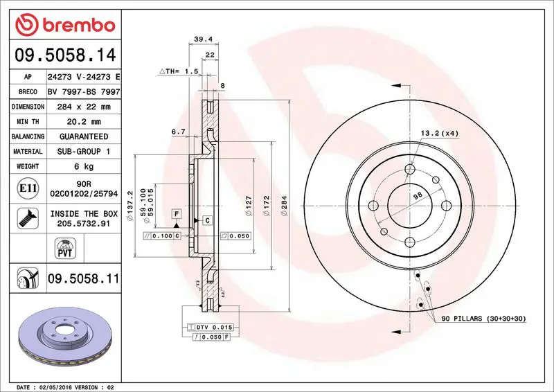 BREMBO 09505811 Диск тормозной 09.5058.11