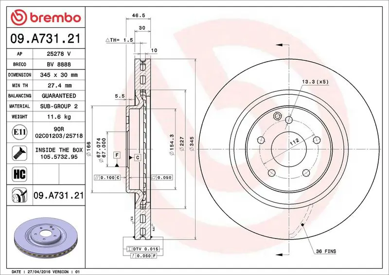 BREMBO 09A73121 ДИСК ТОРМОЗНОЙ MERCEDES-BENZ