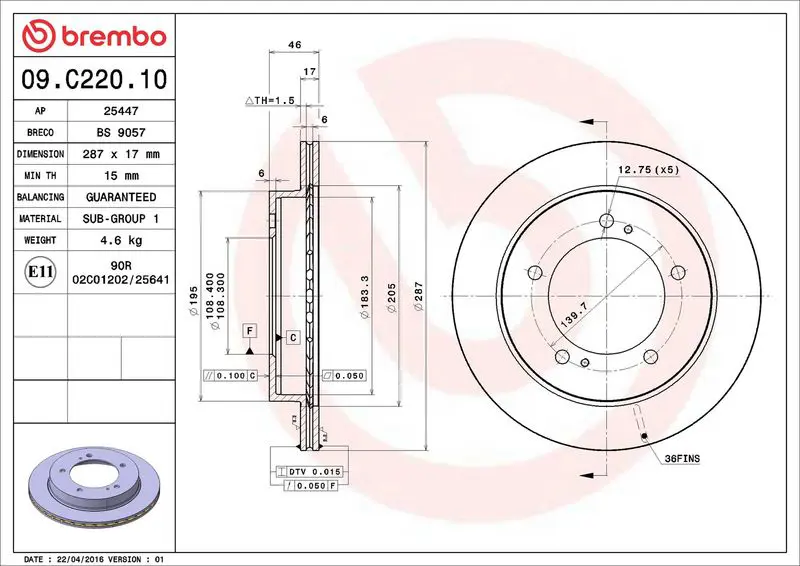 BREMBO 09C22010 ДИСК ТОРМОЗНОЙ SUZUKI JIMNY