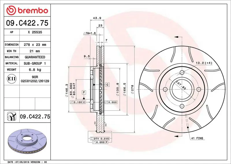 BREMBO 09C42275 ДИСК ТОРМОЗНОЙ FORD B-MAX (JK)