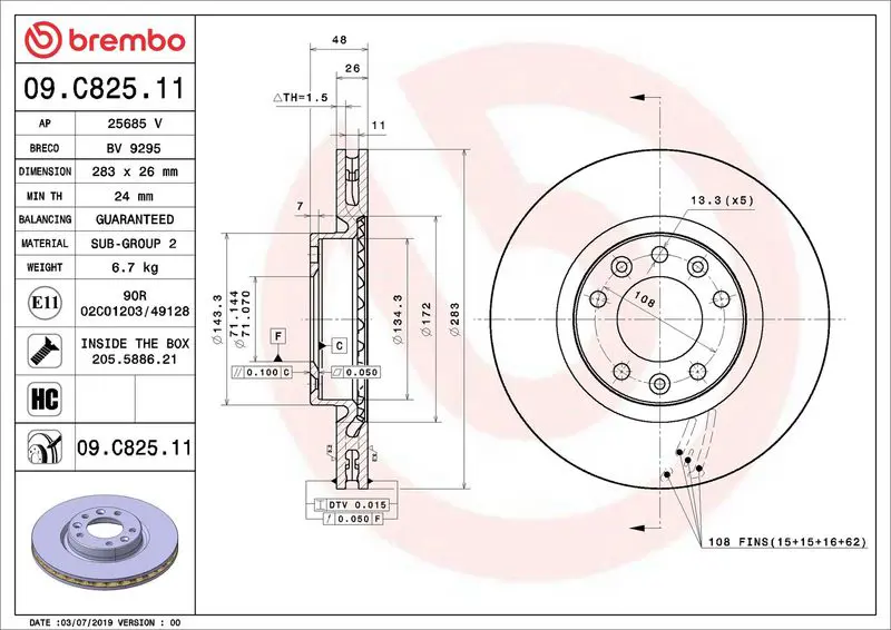 BREMBO 09C82511 ( 09.C825.11 ) Тормозной диск