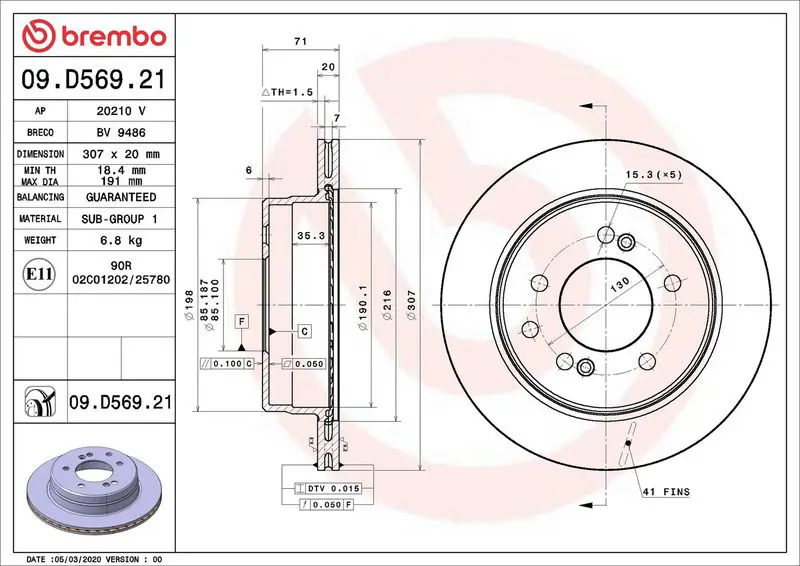 BREMBO 09D56921 Диск тормозной задний