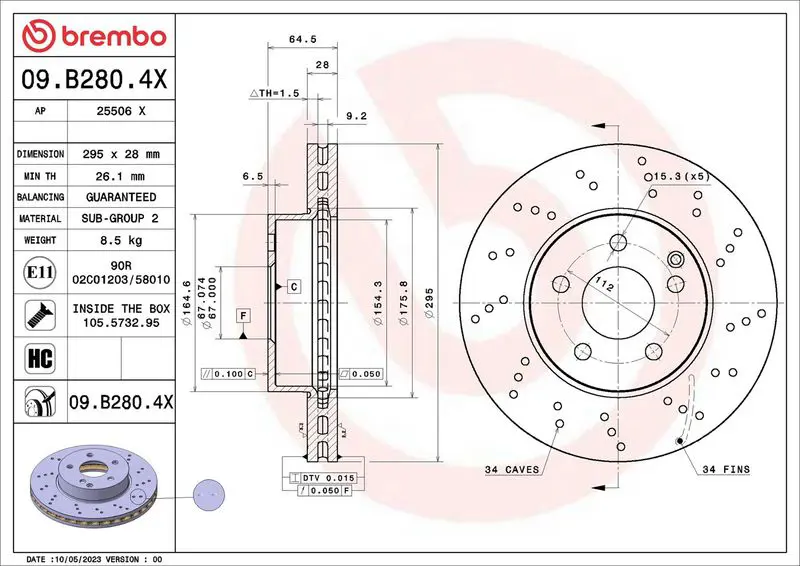 BREMBO 09B2804X Тормозной диск