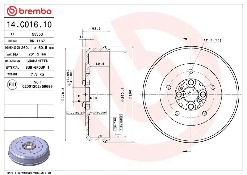 BREMBO 14C01610 Тормозный барабан