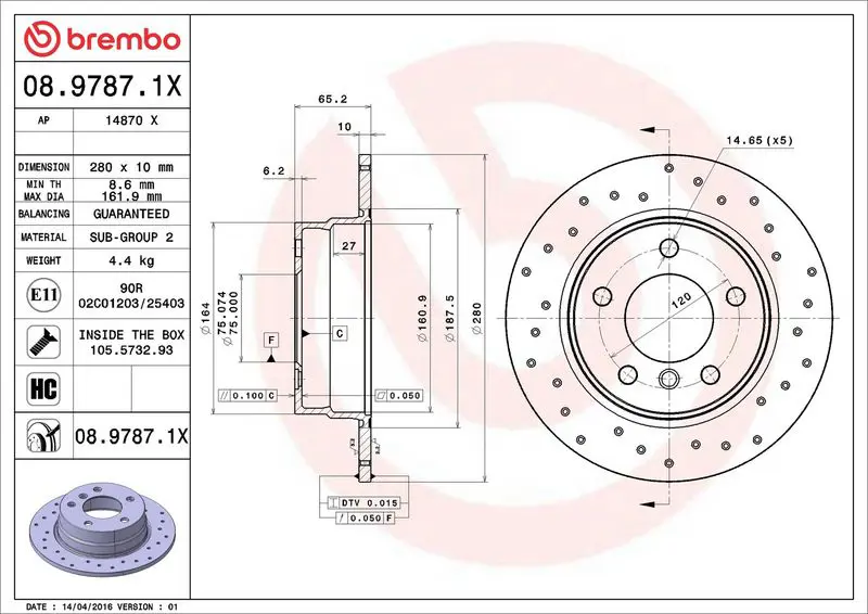 Brembo 0897871X ДИСК ТОРМОЗНОЙ BMW 1 (E81) 116