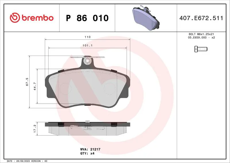 BREMBO P86010 Комплект тормозных колодок