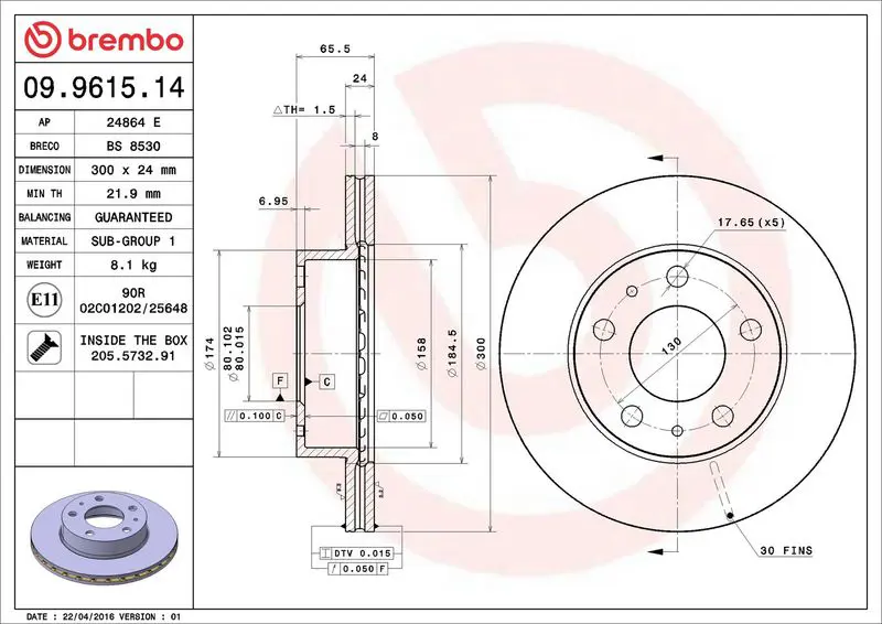 BREMBO 09961514 Диск тормозной