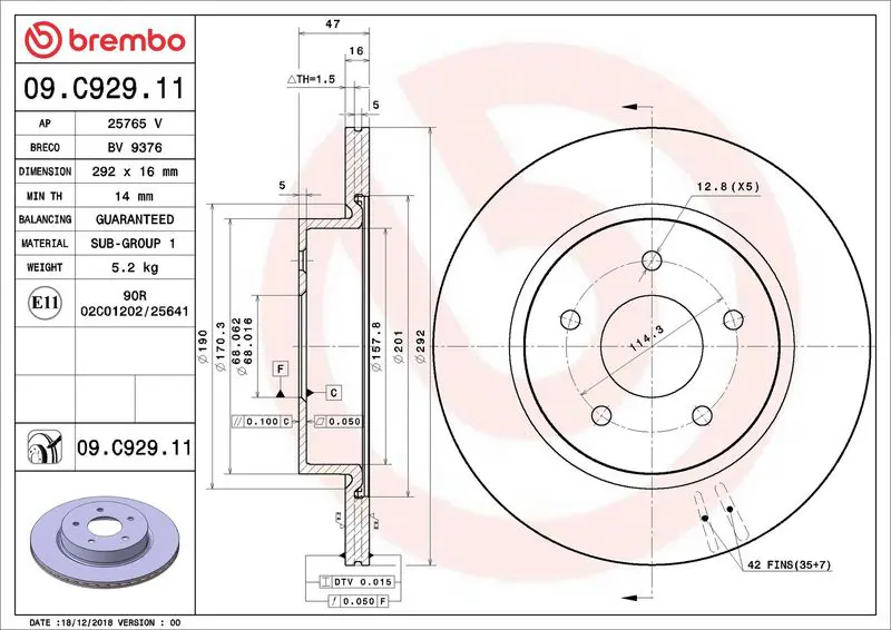 BREMBO 09C92911 Диск тормозной задний