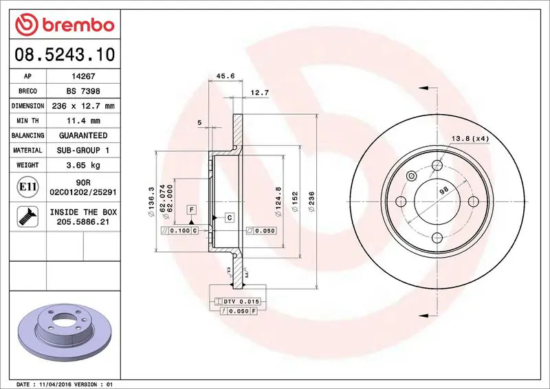 BREMBO 08524310 Тормозной диск