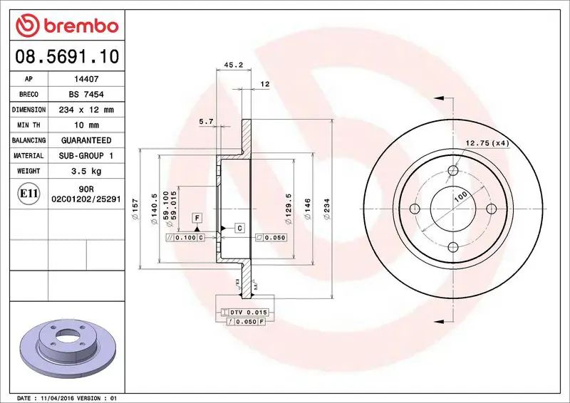 BREMBO 08569110 Тормозной диск