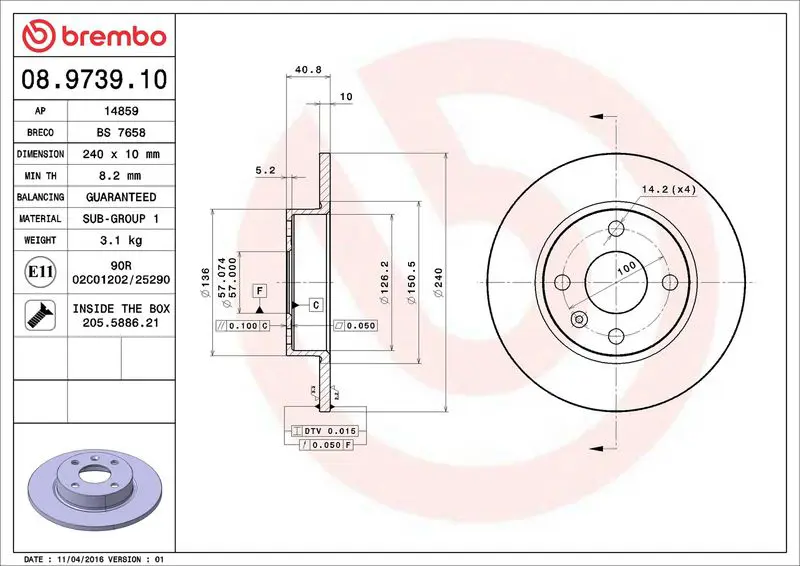 BREMBO 08973910 Диск тормозной