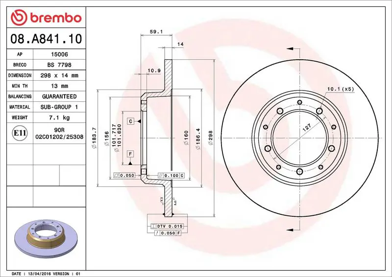 BREMBO 08A84110 Диск тормозной задний 298mm