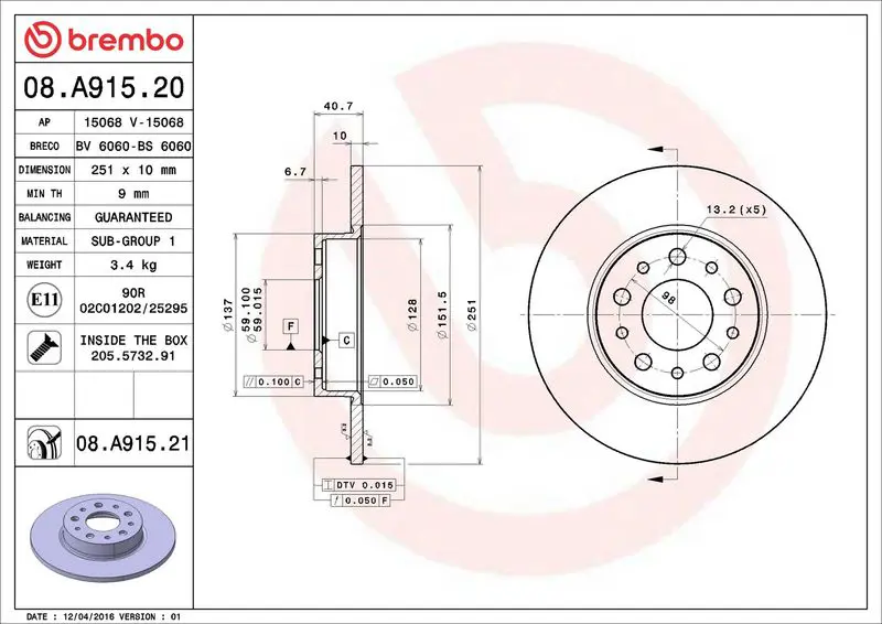 BREMBO 08A91521 Диск тормозной задн, FIAT 500L