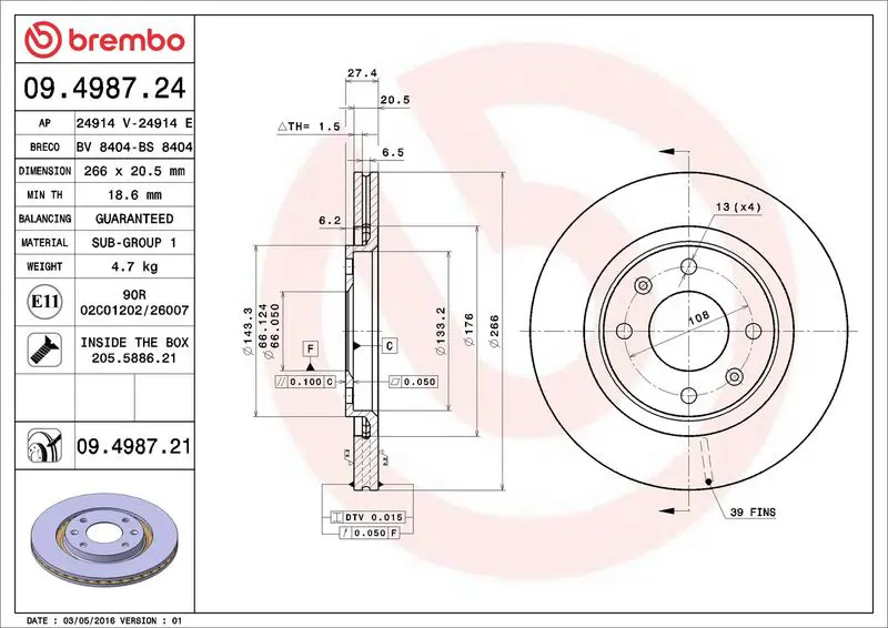 BREMBO 09498721 Диск тормозной