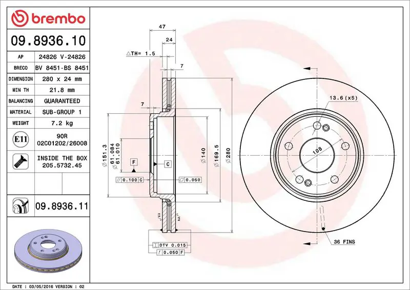 BREMBO 09893611 Тормозной диск