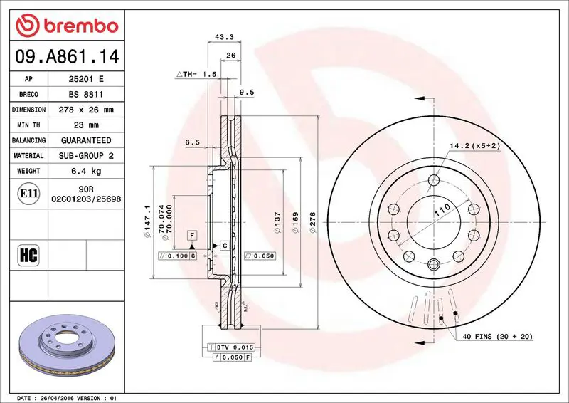 BREMBO 09A86114 Тормозной диск