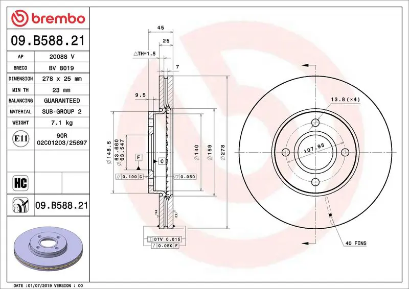 BREMBO 09B58821 ДИСК ТОРМОЗНОЙ FORD FIESTA V