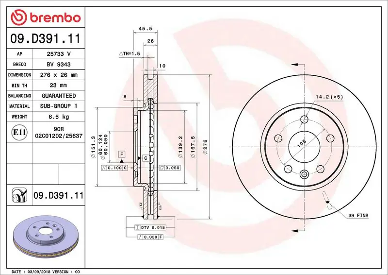 BREMBO 09D39111 Диск тормозной