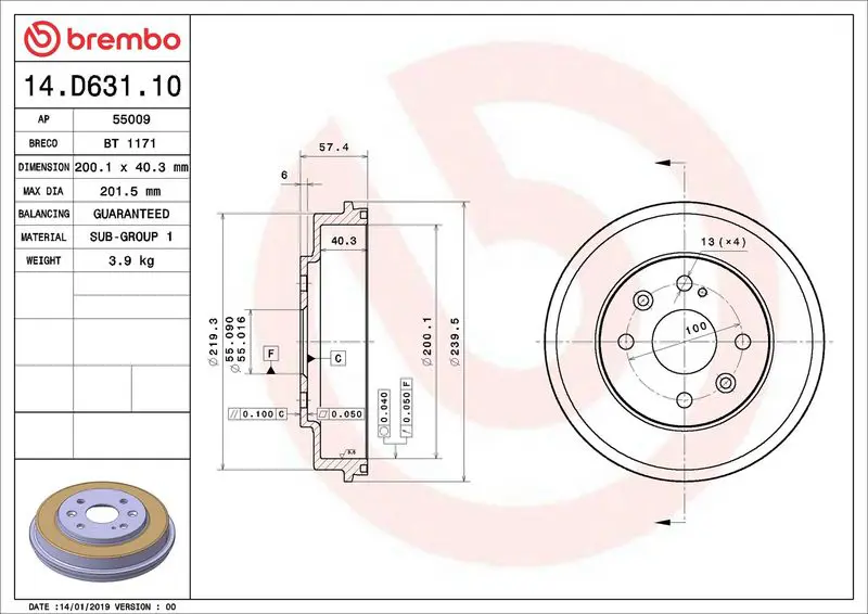 BREMBO 14D63110 Тормозной барабан