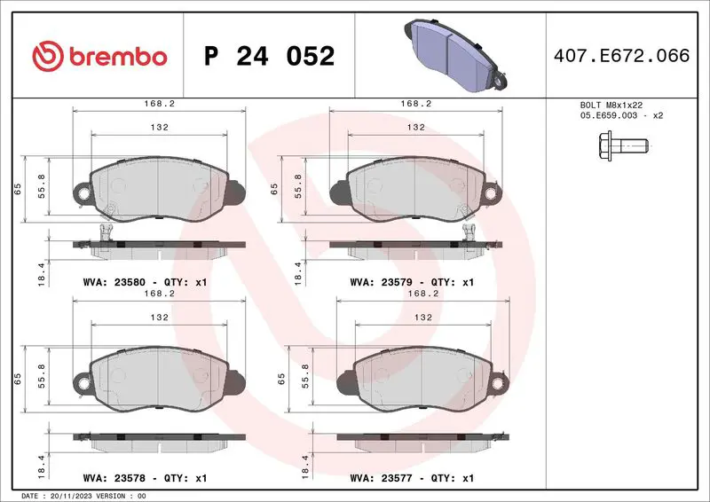 BREMBO P24052 P 24 052, Колодки тормозные