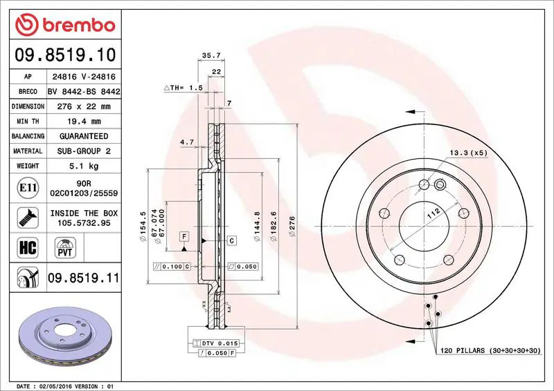 BREMBO 09851911 Тормозной диск