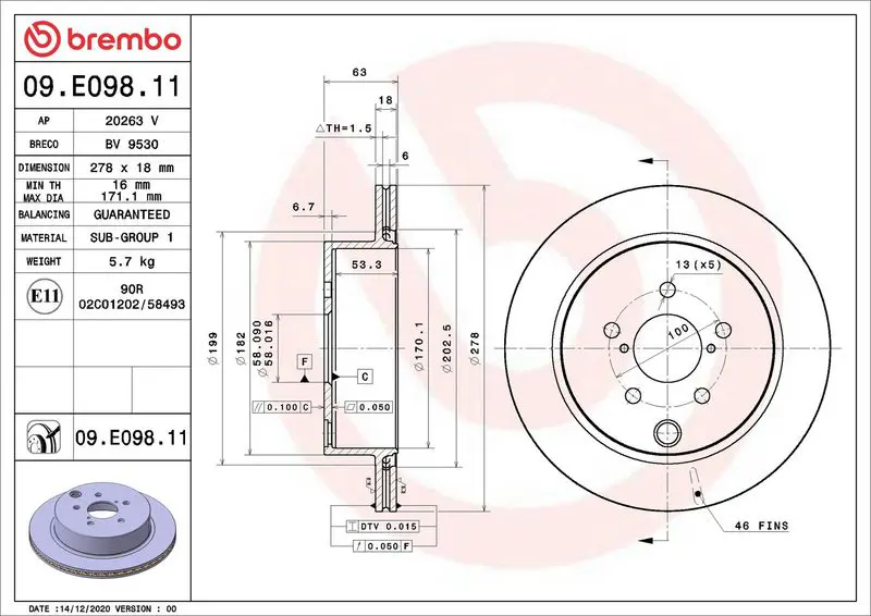 BREMBO 09E09811 Тормозной диск