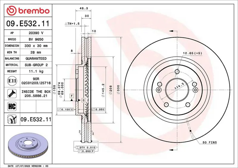 BREMBO 09E53211 Тормозной диск KIA OPTIMA (JF)