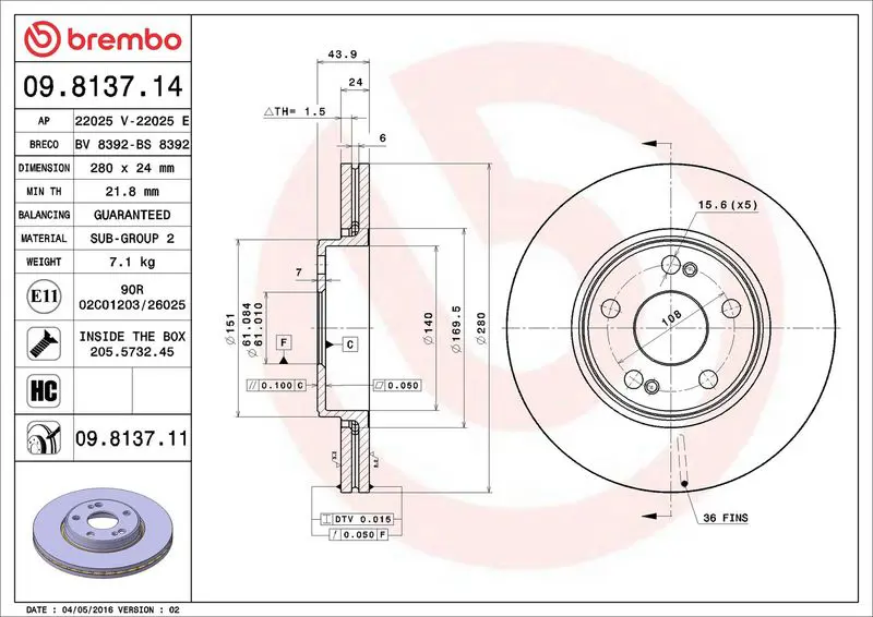 BREMBO 09813711 Тормозной диск