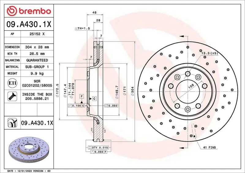 BREMBO 09A4301X Тормозной диск