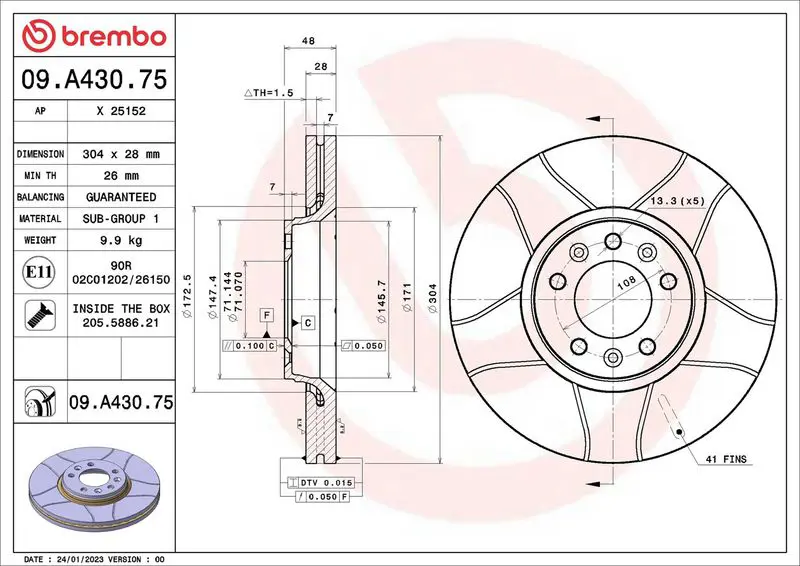 BREMBO 09A43075 Диск тормозной CITRO?N