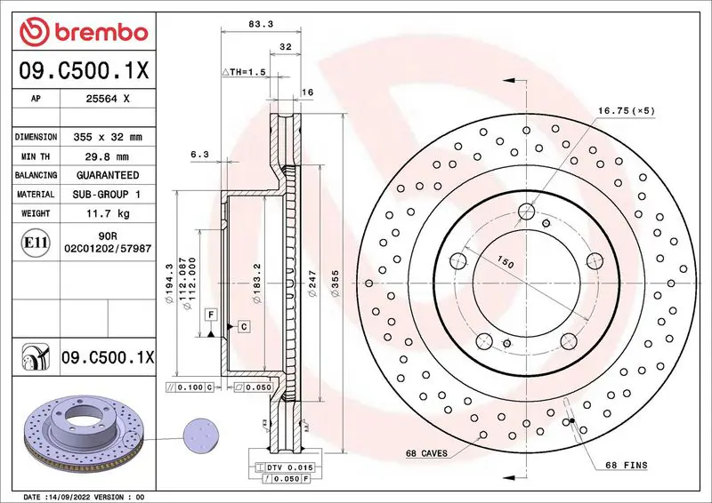 BREMBO 09C5001X Диск тормозной