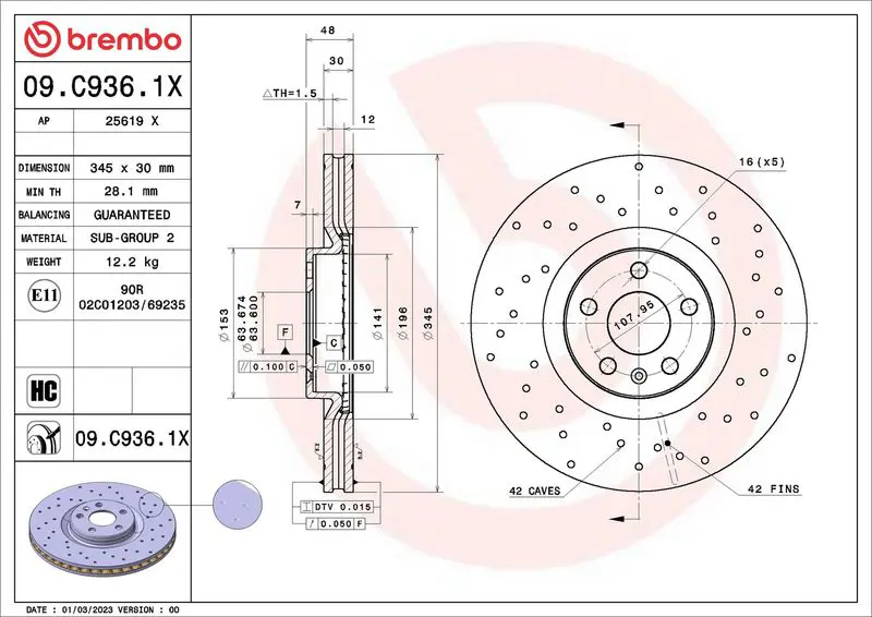 BREMBO 09C9361X Тормозной диск