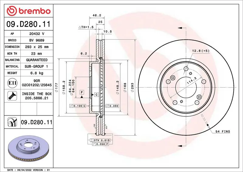 BREMBO 09D28011 Тормозной диск