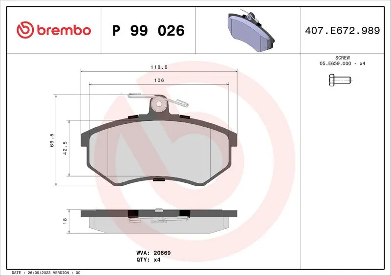 P 99 026 Комплект тормозных колодок